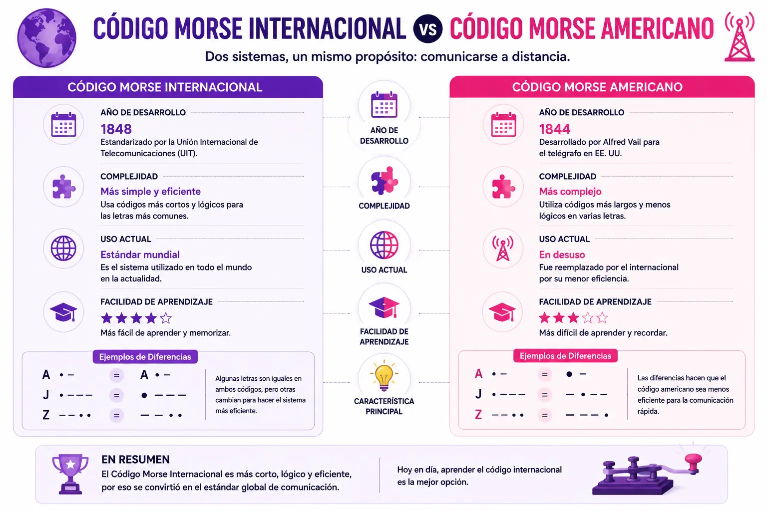 Comparacion entre codigo Morse internacional y codigo Morse americano