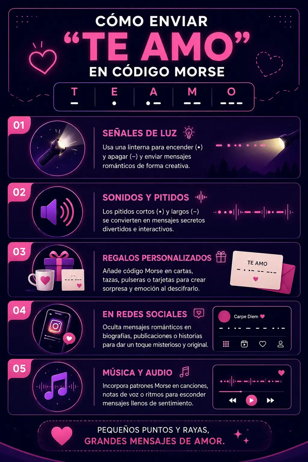 Cómo enviar TE AMO en Código Morse — infografía